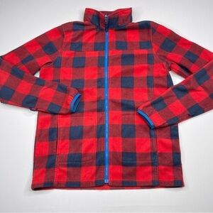 Lands End Fleece Jacket Sweatshirt Front Zip Buffalo Plaid Blue Red Outdoor Gorp